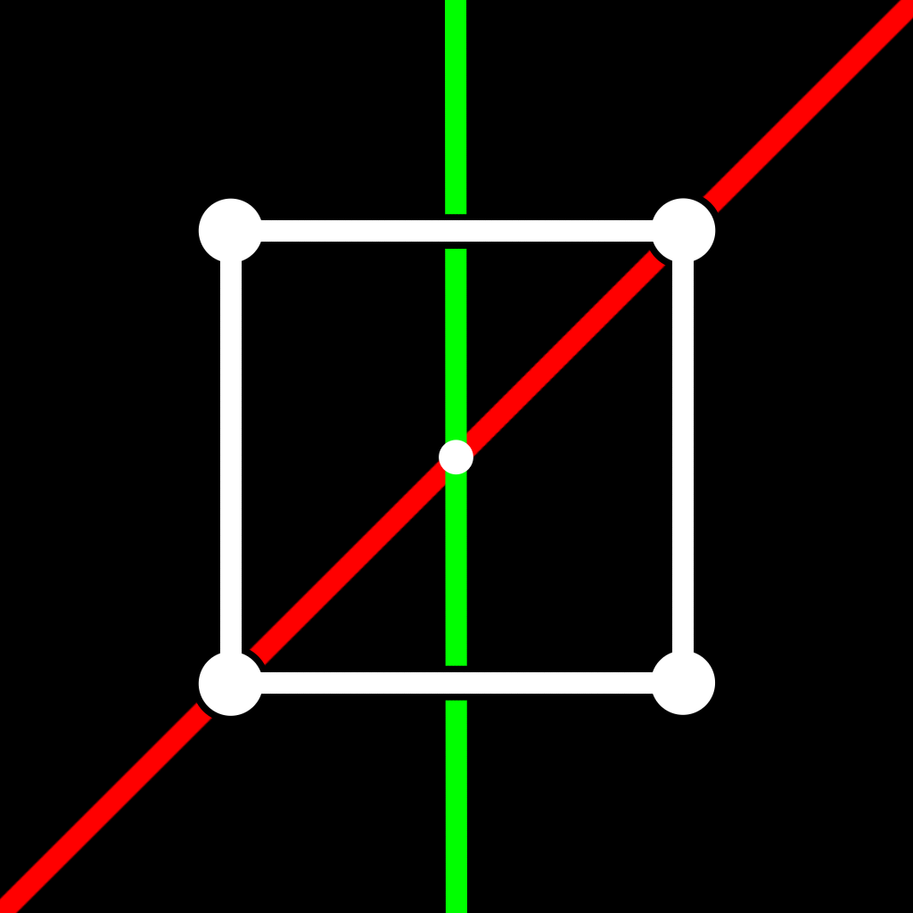 same red and green mirrors as before but now they're at a 45 degree angle. the green mirror intersects the top and bottom edges of the white square, perfectly through the center and at a 90 degree angle to said edges. the red mirror goes through two vertices of the square.